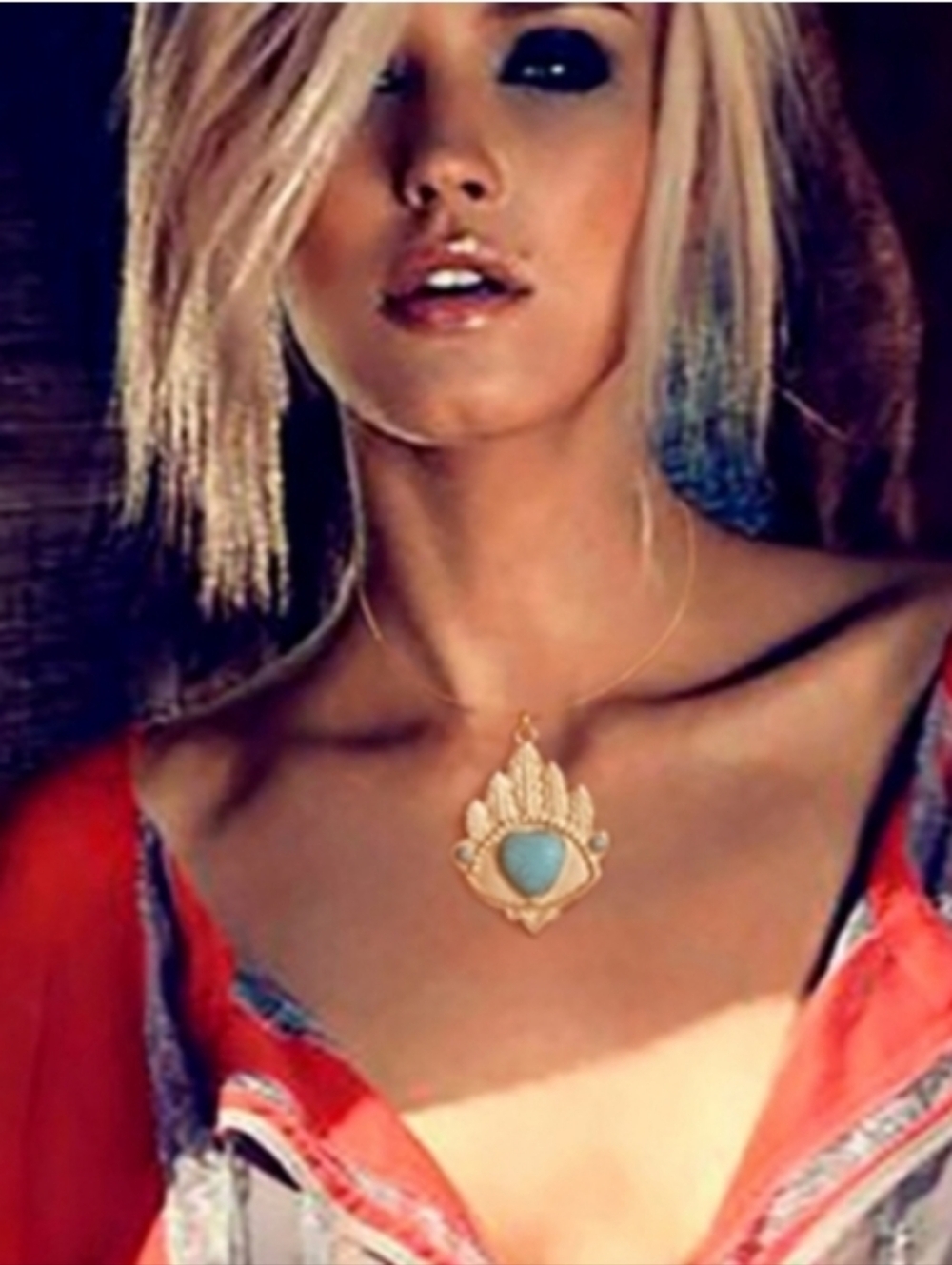 Anthro Boho Jewel Large Gold Pendant Blue Turquoise Heart Ethnic Necklace